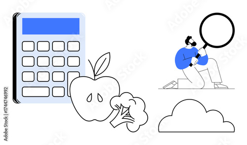 Person investigates a magnifying glass, a calculator, fruit, vegetables, and a cloud. Ideal for calculations, health choices, research, sustainability diet planning analysis education simple flat
