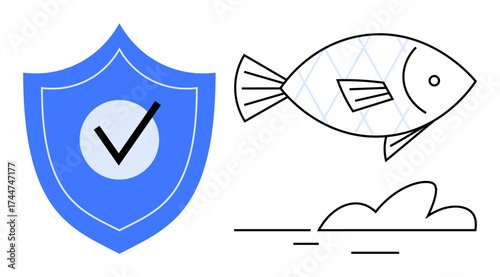 Blue shield with checkmark next to outlined fish and water, symbolizing security, ecology, and sustainability. Ideal for eco-awareness, safety assurance, marine conservation, insurance, trust
