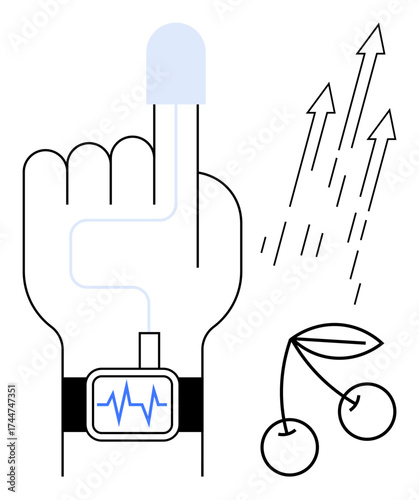 Hand with smartwatch tracking heartbeat, finger sensor for health data, rising arrows for growth or improvement, and cherries for nutrition. Ideal for health, fitness, progress, lifestyle, wellness