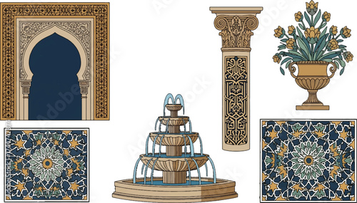 Quadro em tela Vector art of moorish architectural elements and fountain