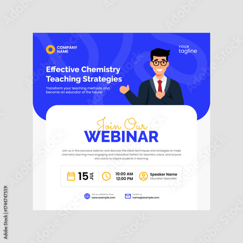 Training webinar Instagram vector template, speaker area, bright accents, and CTA section.
