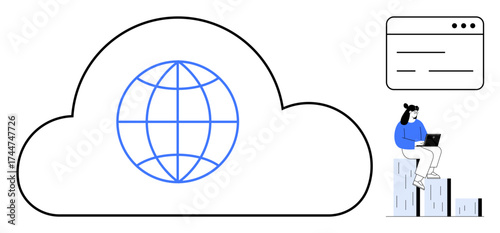 Globe within cloud shape represents cloud computing and global networks. Woman using laptop highlights remote work and digital collaboration. Ideal for data storage, technology, communication