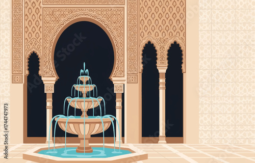 Vector art of ornate moroccan fountain in a courtyard with intricate architectural details