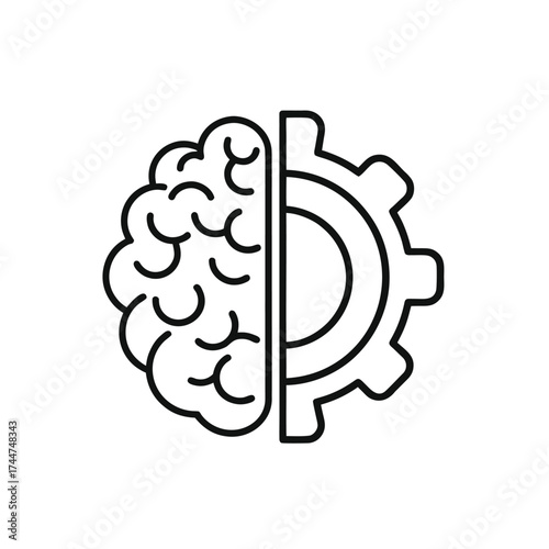 vector icon of stylized brain with hemisphere and gear isolated on white background.