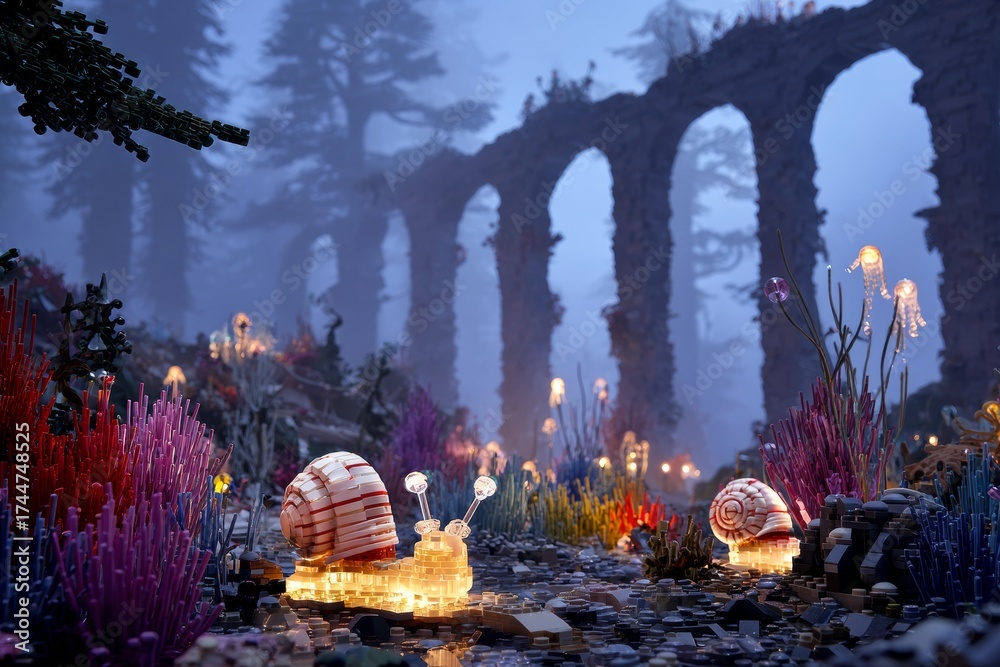 Fototapeta premium Glowing snails made of blocks wander a colorful, mystical, and illuminated forest.