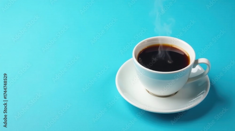 Obraz premium Aromatic Steam Rising from a Cup of Dark Coffee on a Vibrant Blue Background
