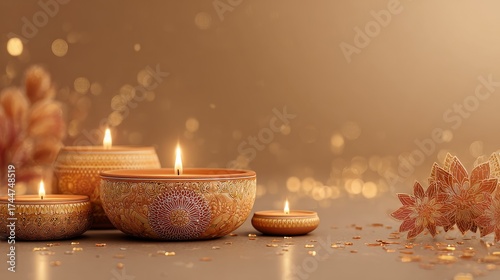 Warm and cozy Diwali background with soft golden and orange light, traditional lanterns and diyas, delicate festive patterns, subtle mandala designs, minimal decorations