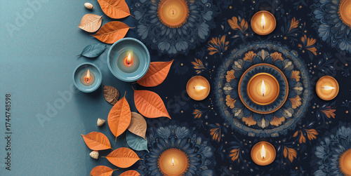  a traditional Diwali celebration background featuring glowing oil lamps (diyas) on a colorful blue and orange mandala pattern, with flat design ornamental decoration for a greeting card or banner.