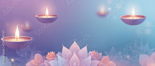 vector art Diwali background featuring a delicate, symmetrical pastel floral rangoli pattern and a few stylized floating diyas with soft glowing flames against a tranquil twilight blue and purple grad