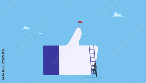 Businessman about to climb up ladder to reach thumb up achievement. Success journey to get positive feedback, high performance evaluation or review, good job, employee or customer satisfaction.