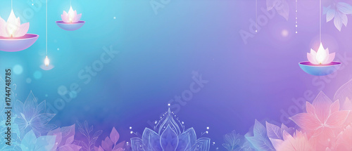 vector art Diwali background featuring a delicate, symmetrical pastel floral rangoli pattern and a few stylized floating diyas with soft glowing flames against a tranquil twilight blue and purple grad