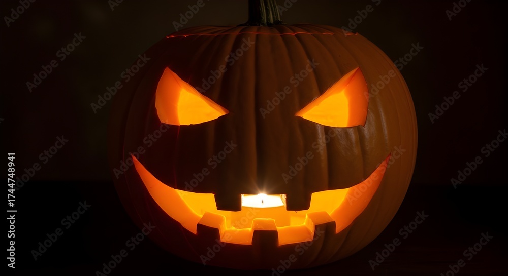 Fototapeta premium Traditional Halloween Jack-o’-Lantern Illuminated in the Night
