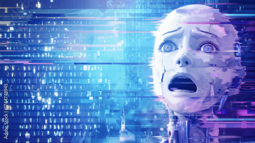  a confused robot face in a glitch art style, representing a hallucinated AI concept, isolated against a blue and purple digital binary background with strong data corruption