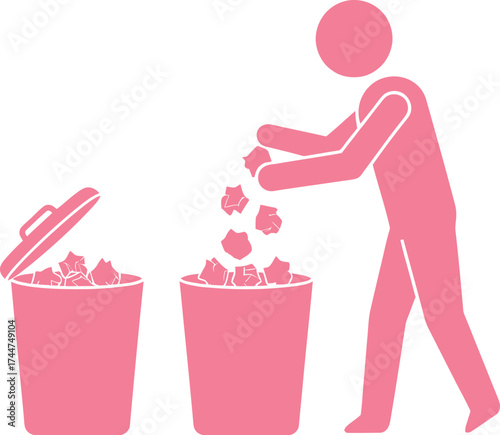 Waste management concept throwing paper into trash illustration