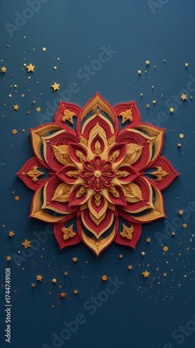 mandala pattern in a paper-cut style, featuring Indian-inspired designs in vibrant red and yellow, set against a deep blue background scattered with shimmering golden glitter stars