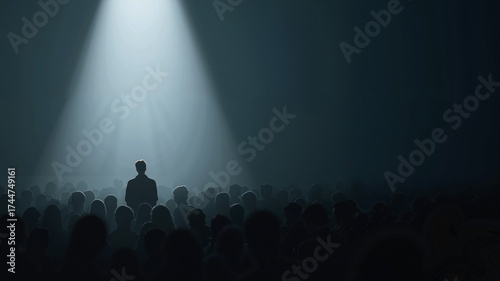 a central person illuminated by a spotlight, surrounded by a dark silhouette audience, featuring flat design, simple lines, and a striking silver color tone