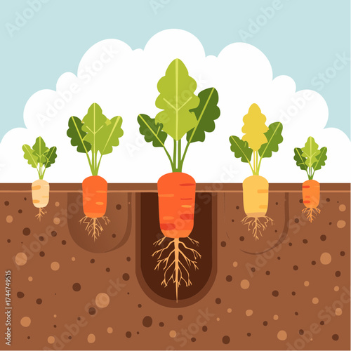 Vegetable roots in soil, underground. Flat vector illustration isolated on white background