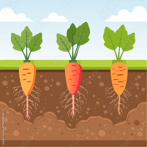 Vegetable roots in soil, underground. Flat vector illustration isolated on white background