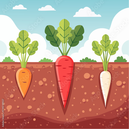Vegetable roots in soil, underground. Flat vector illustration isolated on white background
