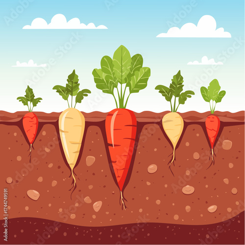 Vegetable roots in soil, underground. Flat vector illustration isolated on white background