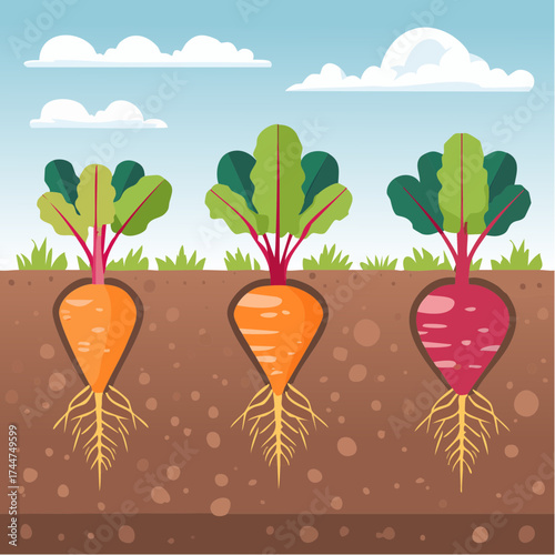 Vegetable roots in soil, underground. Flat vector illustration isolated on white background