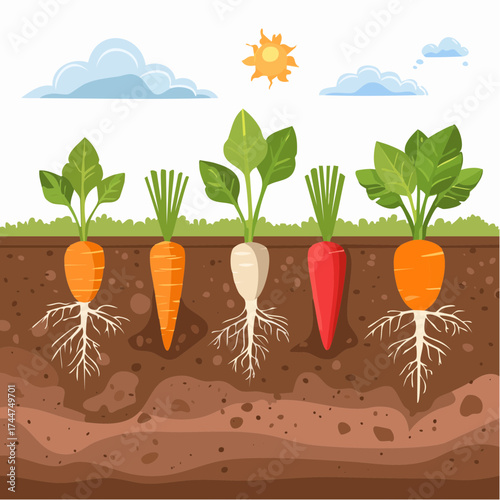 Vegetable roots in soil, underground. Flat vector illustration isolated on white background