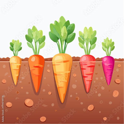 Vegetable roots in soil, underground. Flat vector illustration isolated on white background