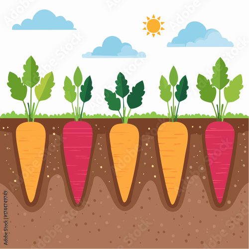 Vegetable roots in soil, underground. Flat vector illustration isolated on white background