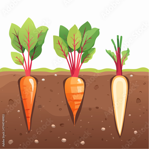 Vegetable roots in soil, underground. Flat vector illustration isolated on white background
