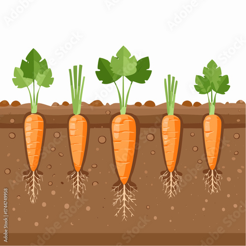 Vegetable roots in soil, underground. Flat vector illustration isolated on white background