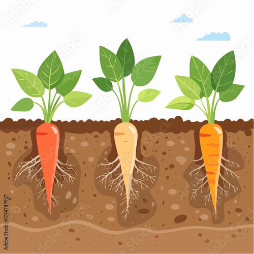 Vegetable roots in soil, underground. Flat vector illustration isolated on white background