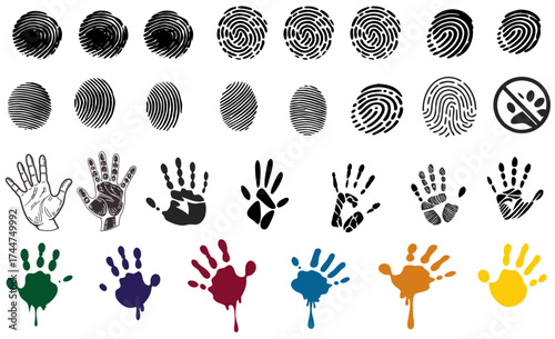 Fingerprint and Handprint Vector Icon Sheet – Black and Colorful Prints for Identity, Forensics, and Design