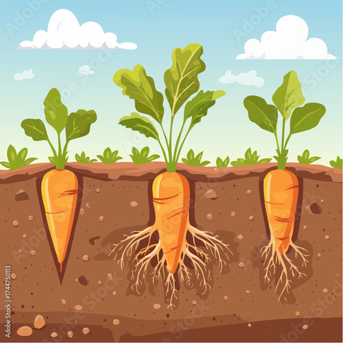 Vegetable roots in soil, underground. Flat vector illustration isolated on white background
