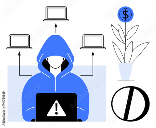 Hooded figure using a laptop with a warning sign, connected devices, money plant symbol, and crossed circle. Ideal for data theft, hacking, online threats, cybersecurity, breaches online privacy