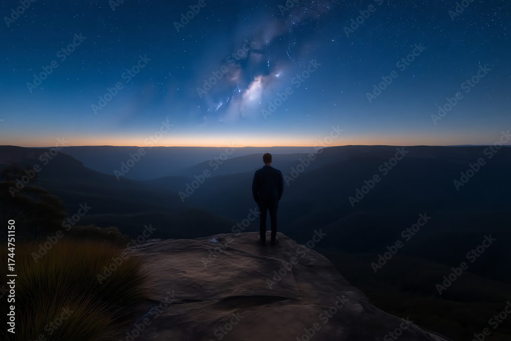 Fototapeta premium A lone person stands on a cliff edge at twilight, gazing at a stunning starry sky with the Milky Way visible, surrounded by vast mountains and a serene landscape