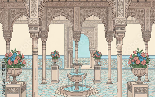 Vector art of detailed illustration of a moorish palace courtyard with fountain