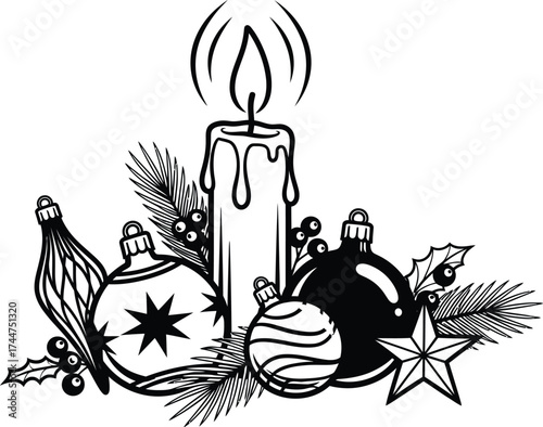 Warm candlelight glows amidst festive Christmas ornaments and greenery, evoking holiday cheer.