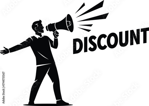 Man enthusiastically announcing a discount with a megaphone, spreading the word.