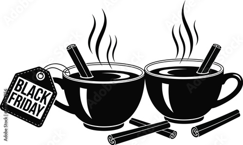 Cozy hot drinks with cinnamon sticks and a Black Friday tag, perfect for seasonal sales promotions.