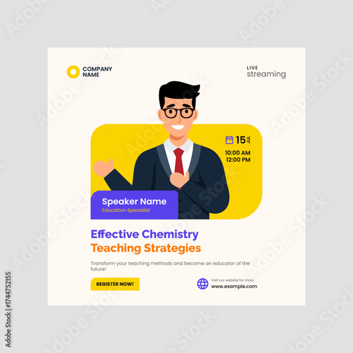 High-converting webinar ad vector for social media, clear details and standout Register Now CTA.
