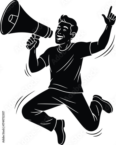 Excited man joyfully jumping while holding a megaphone and announcing with enthusiasm.