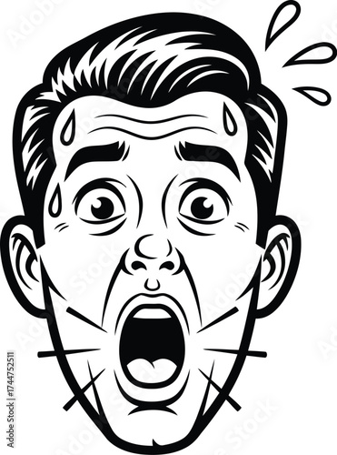 Man’s face contorted in shock and fear, shouting in disbelief with sweat dripping.