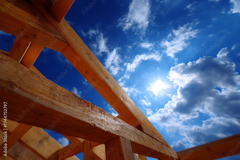 Obraz premium Wooden beams of a house frame under construction are set against a bright blue sky with scattered clouds and sunlight shining through