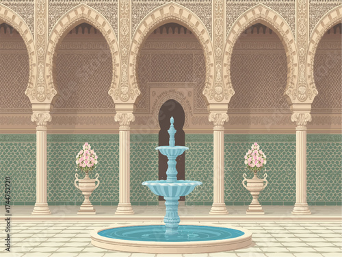 Vector art of ornate moorish courtyard with a central fountain and arched colonnade