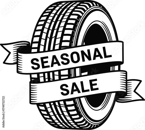 Vintage tire with a banner announcing a seasonal sale, perfect for automotive promotions.