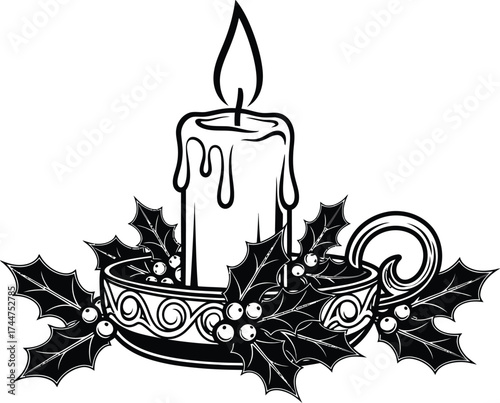 Festive Christmas candle adorned with holly and berries, casting a warm glow for holiday celebrations.