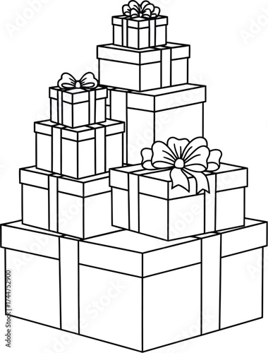 A generous stack of beautifully wrapped gift boxes, perfect for celebrations and holidays.