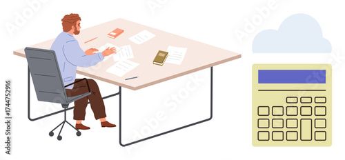 Man seated at desk reviewing documents, surrounded by books and papers, with a large calculator and cloud overhead. Ideal for accounting, budget planning, financial analysis, remote work, business