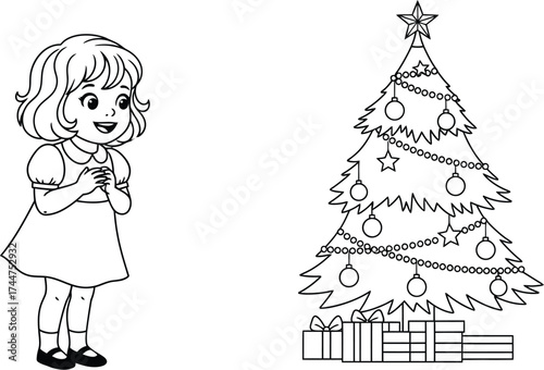 Excited child looks forward to Christmas morning with decorated tree and gifts