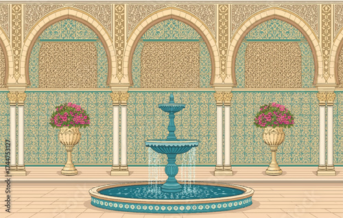 Vector art of moorish courtyard with fountain and potted plants, arched colonnade